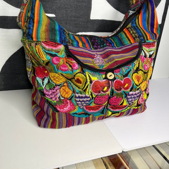 Guatemalan Fruit Embroidered Crossbody Bag Mixed Print Boho 80s Festival - Picture 4 of 8